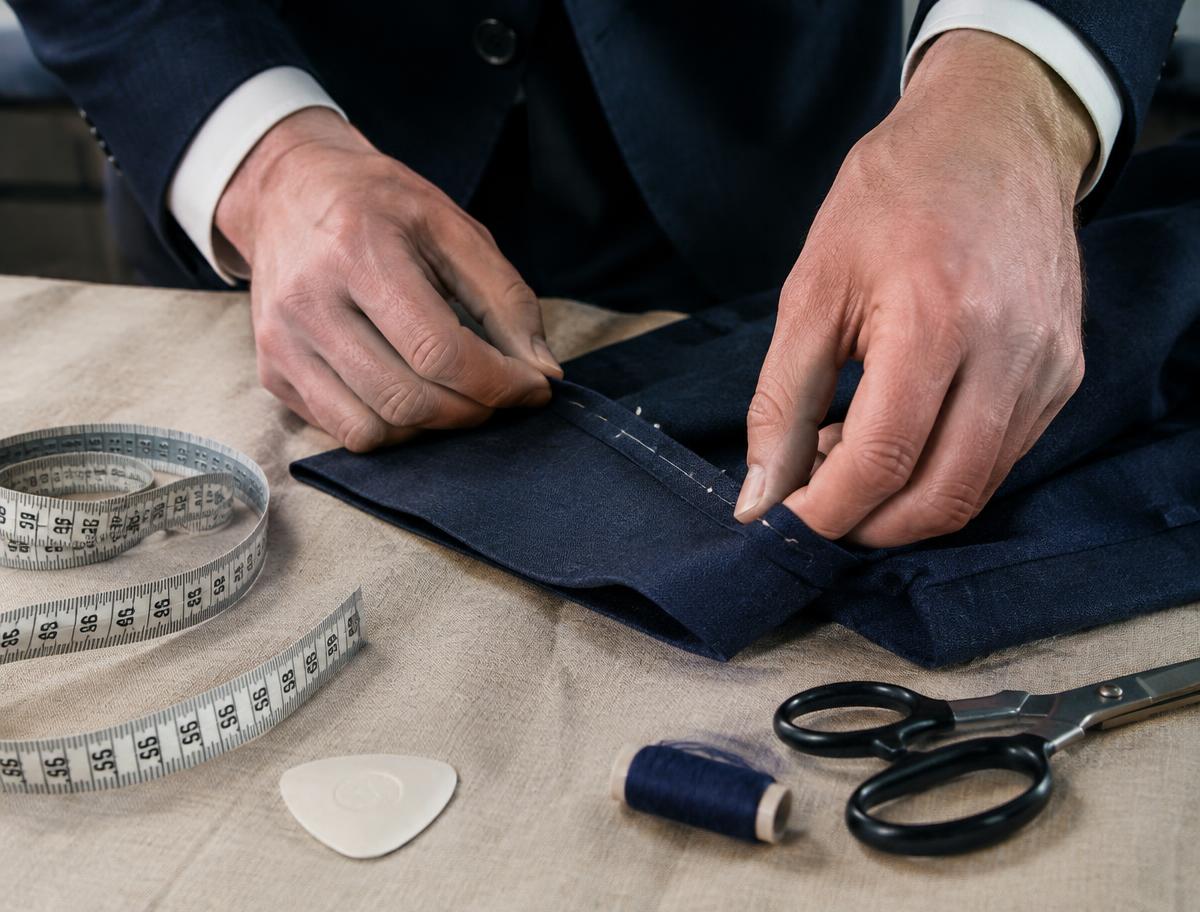 Tailor pinning a trouser hem